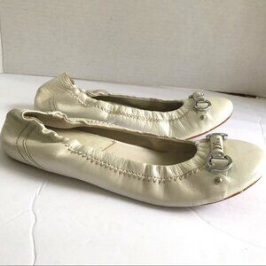 Christian DIOR Vintage Pearl Leather Ballet Flats Shoes Logo Loafer Silver White